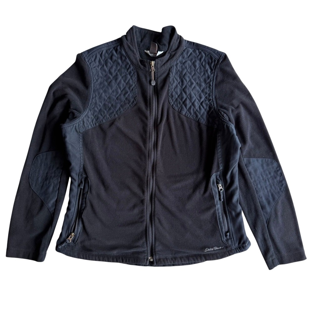 Eddie Bauer Full Zip Fleece Jacket Quilted Shoulder Black Equestrian Gorpcore L